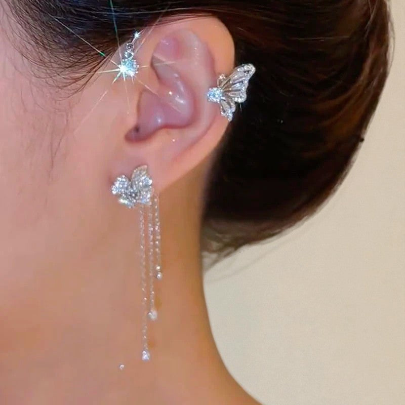 Sparkling Zircon Flower Butterfly Ear Cuff Clip Earrings